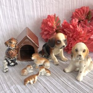 Vintage Bone China miniature dogs & doghouse Poodle, Beagle, Cocker Spaniel